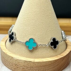 Elegant Silver chain Tiff Blue and Black Clover Bracelet